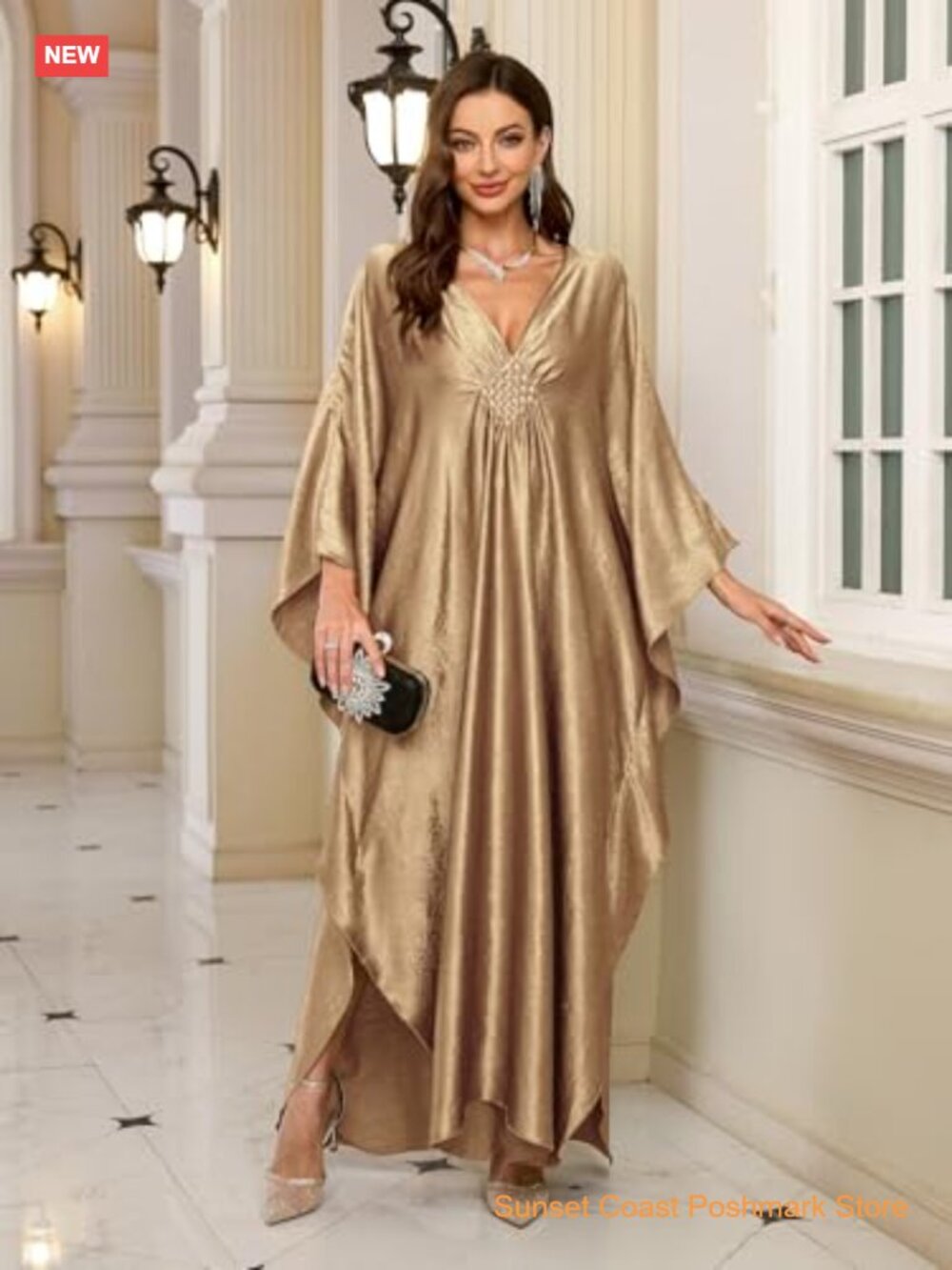 Solid Chiffon Plus Size Kaftan Dress Maxi Beach Cover Up Batwing Sleeve - Picture 3 of 7